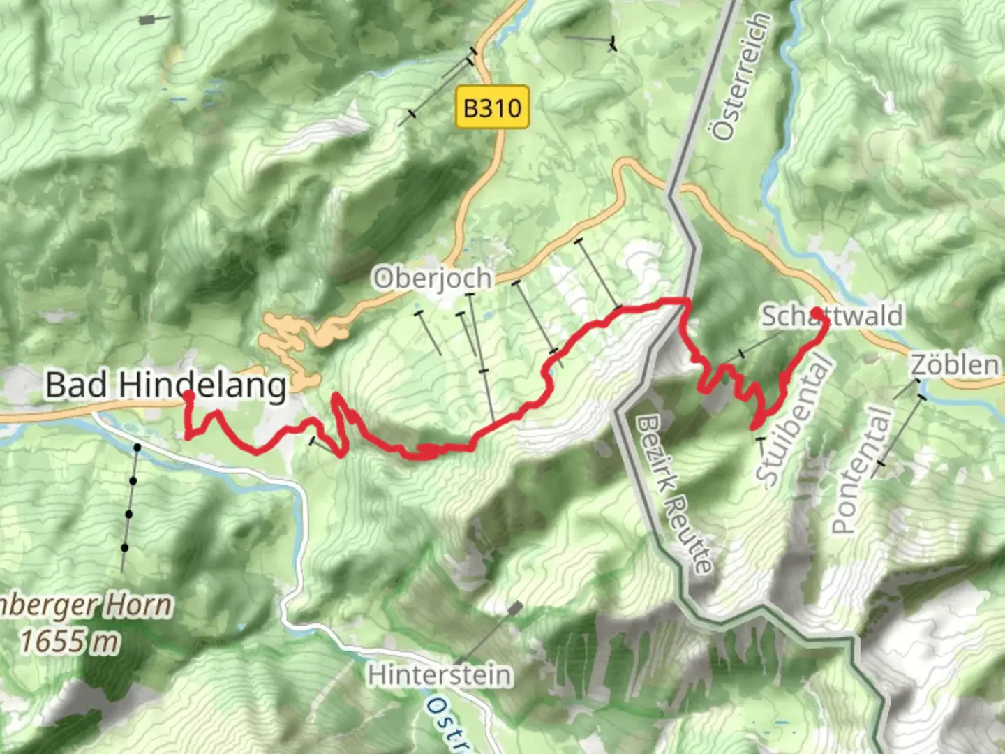 An image depicting the trail Bad Hindelang to Schattwald via Himmelsstruermer Route and its surrounding area.