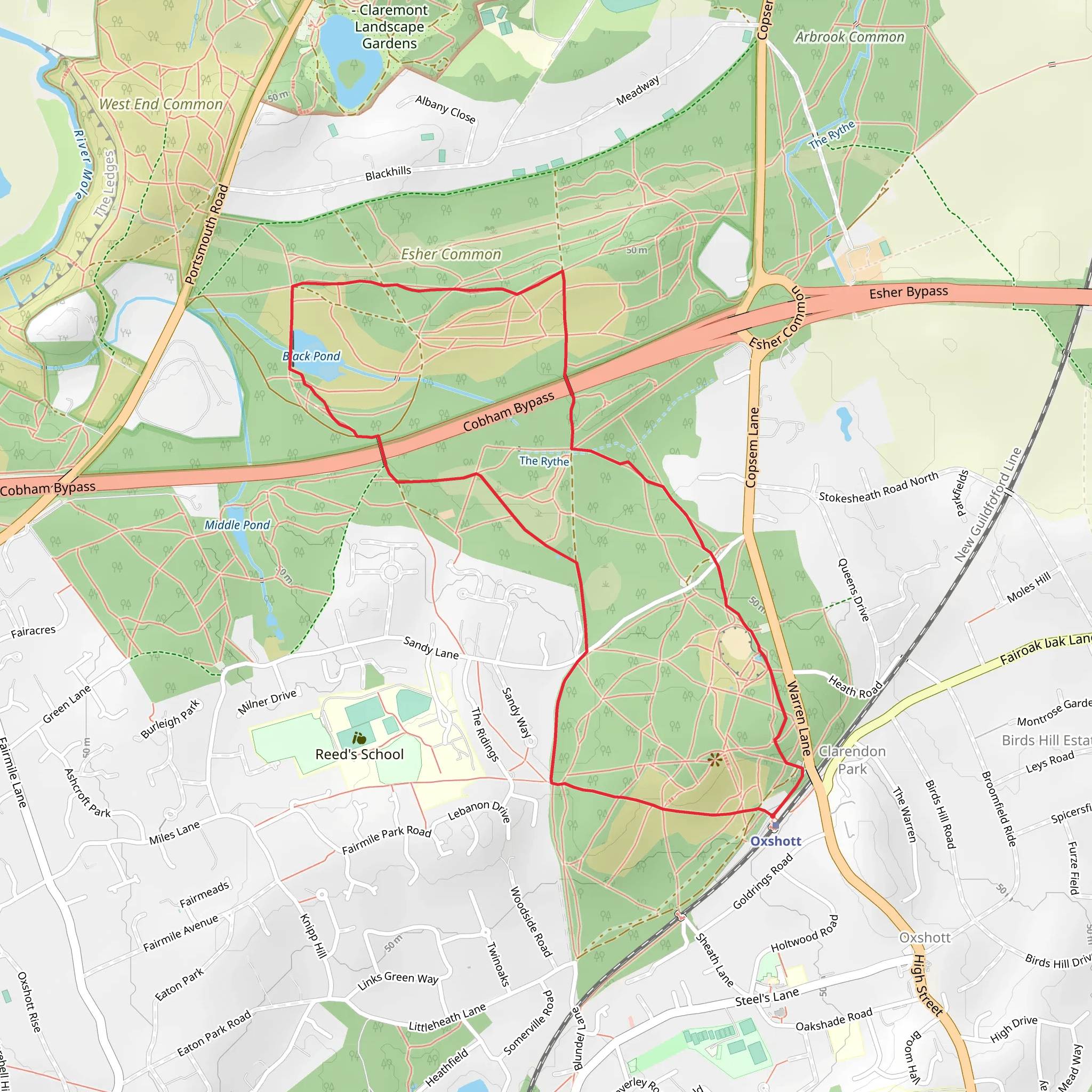 Esher Common, Black Pond and Oxshott Heath Loop mobile static map
