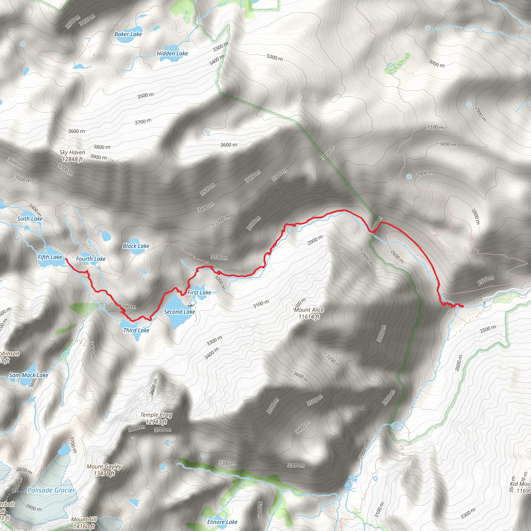Fifth Lake Spur via North Fork Big Pine Creek Trail mobile static map