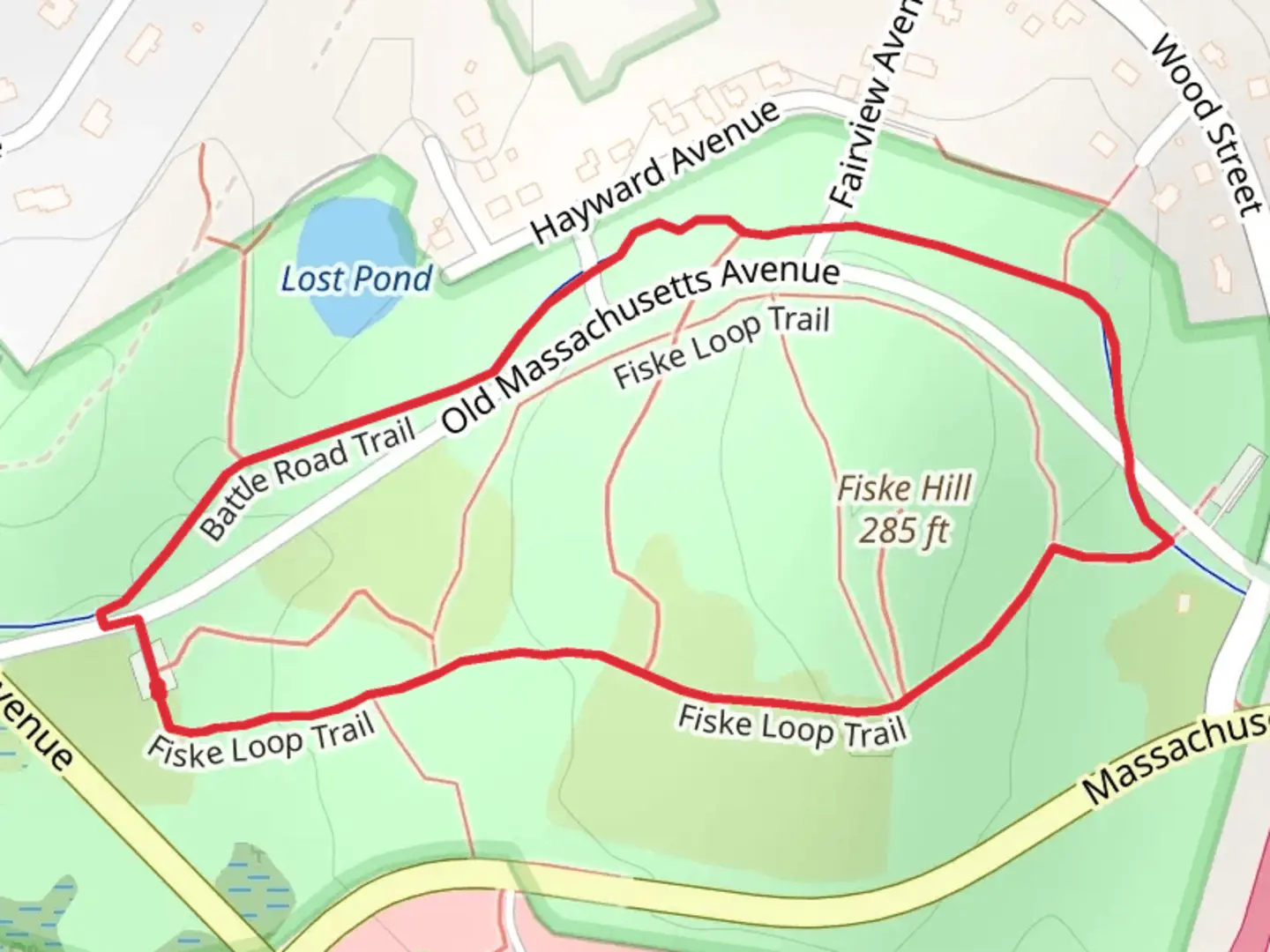 An image depicting the trail Fiske Hill Loop via Across Lexington Route F and its surrounding area.