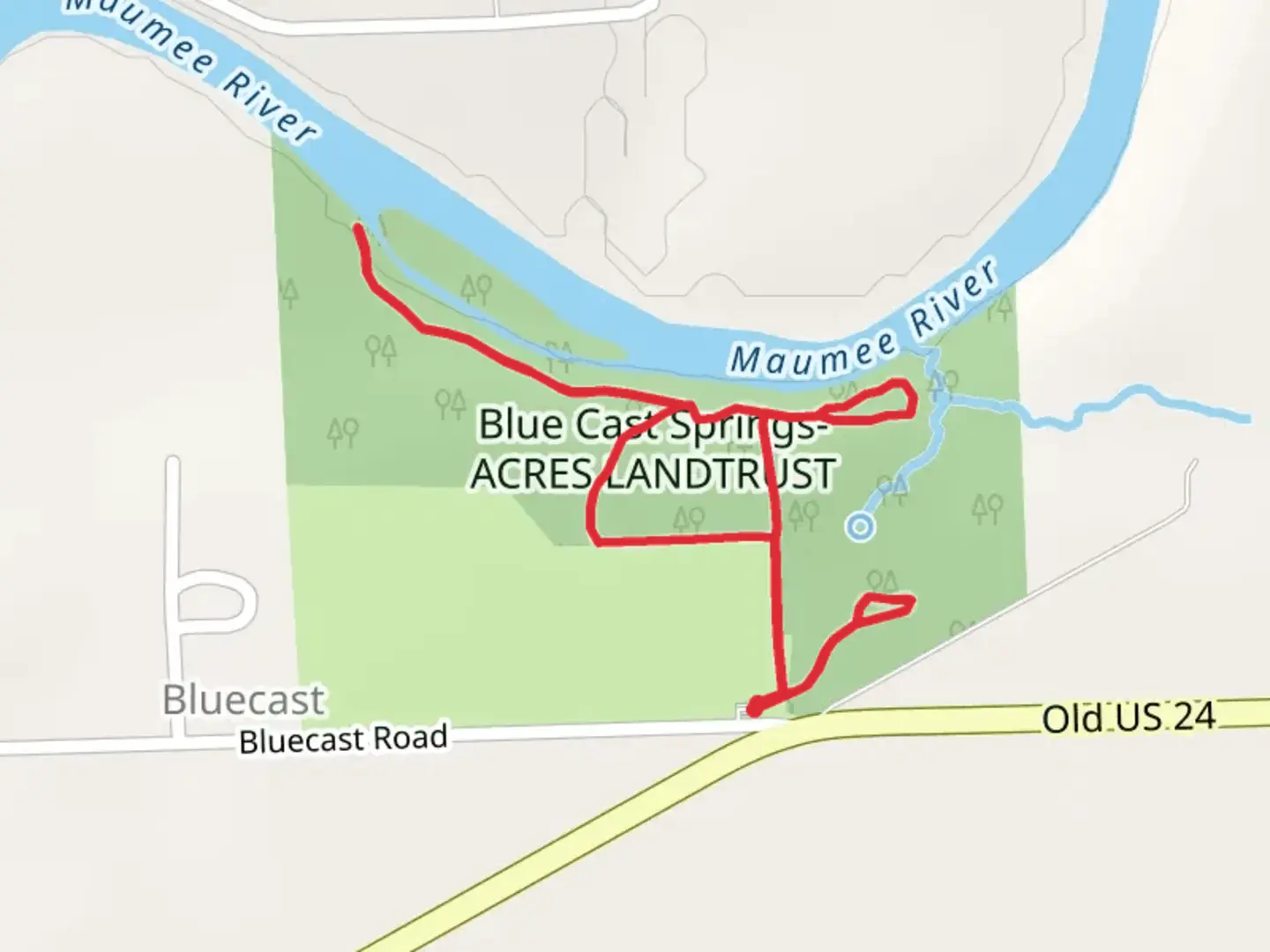 An image depicting the trail Blue Cast Springs-ACRES LANDTRUST Loop and its surrounding area.