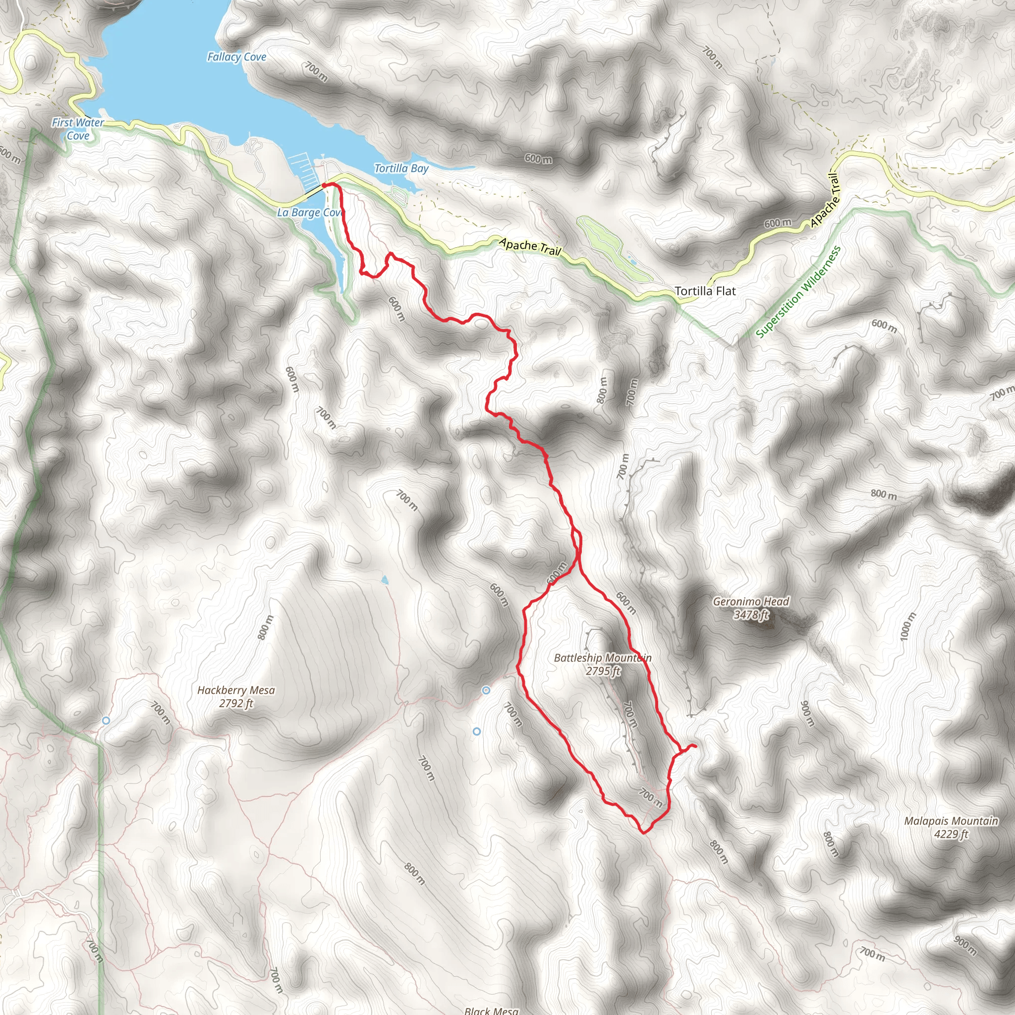 Boulder Canyon Trail and Battleship Mountain Loop from La Barge Cove mobile static map