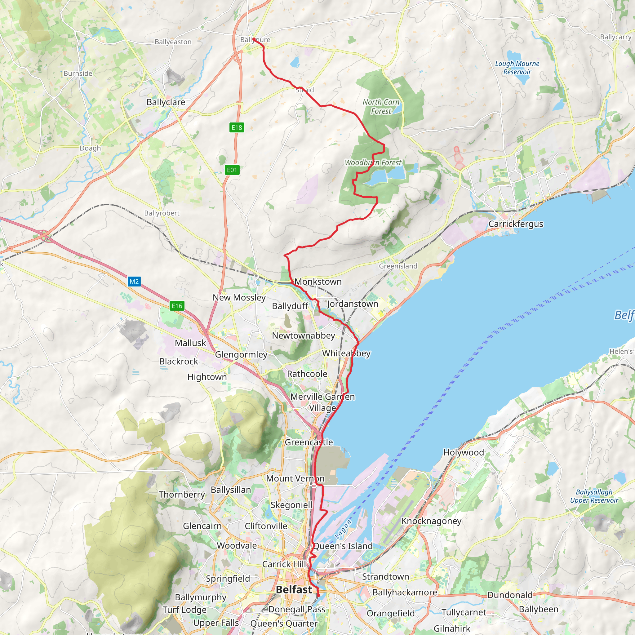 Ballynure to Belfast mobile static map