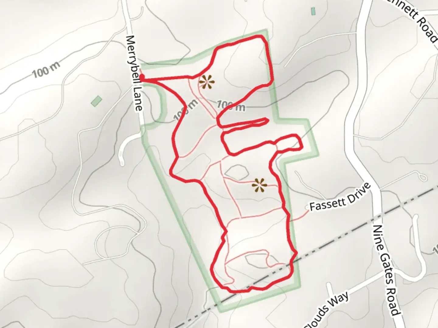 An image depicting the trail Merrybell Lane Loop and its surrounding area.