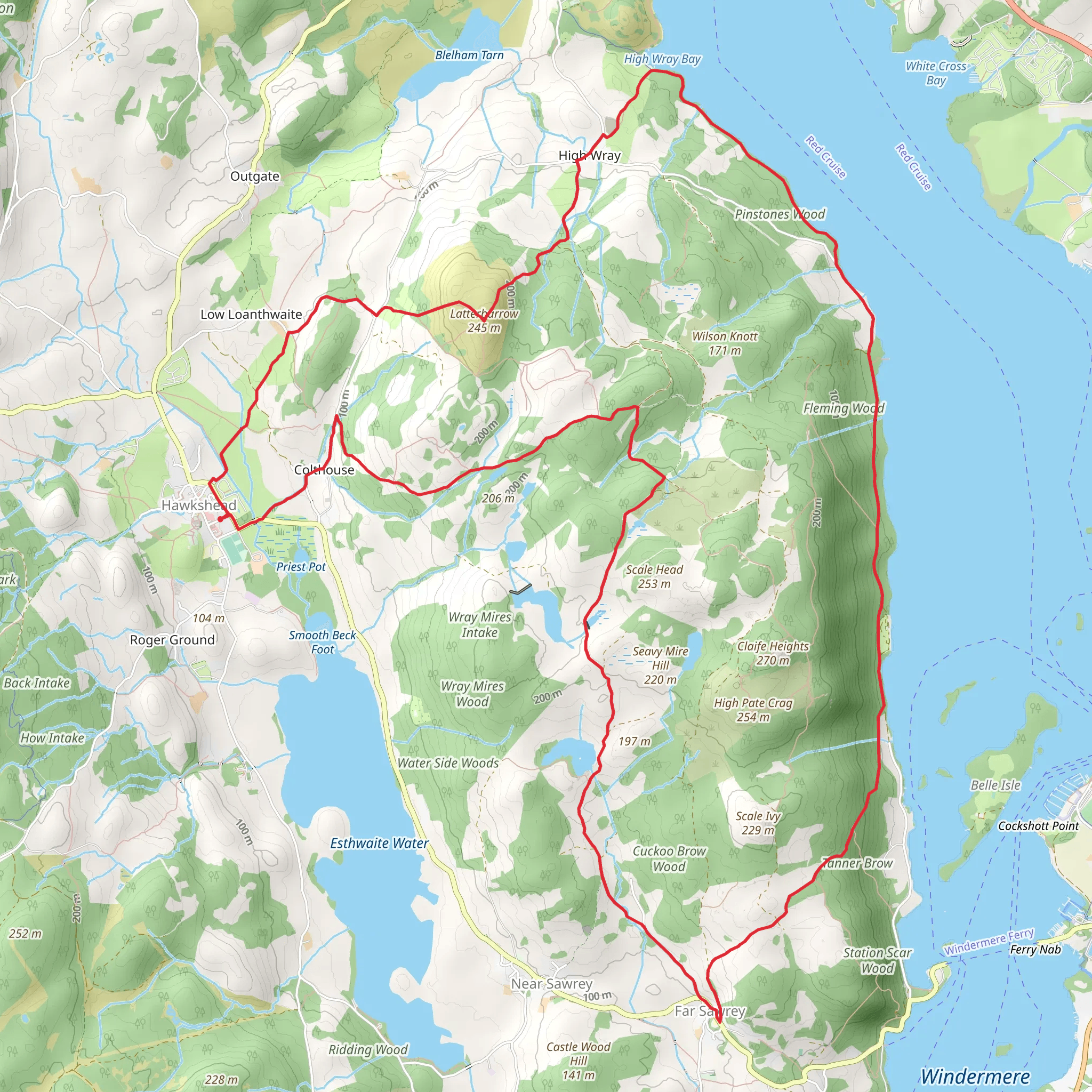 Claife Heights and Latterbarrow Loop via Windermere Lake mobile static map