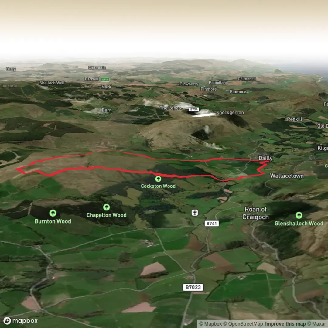 An image depicting the trail Barony hill, Cairn hill,Brown hill,poundland and back to Dailly and its surrounding area.