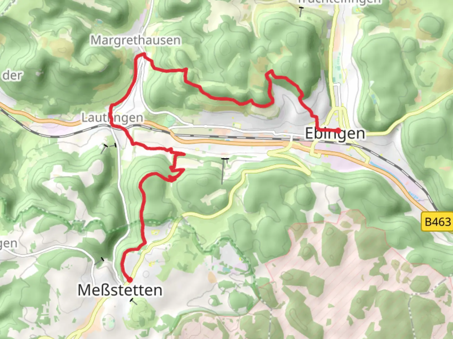 An image depicting the trail Ebingen to Mebstetten Walk via Wachtfels and its surrounding area.
