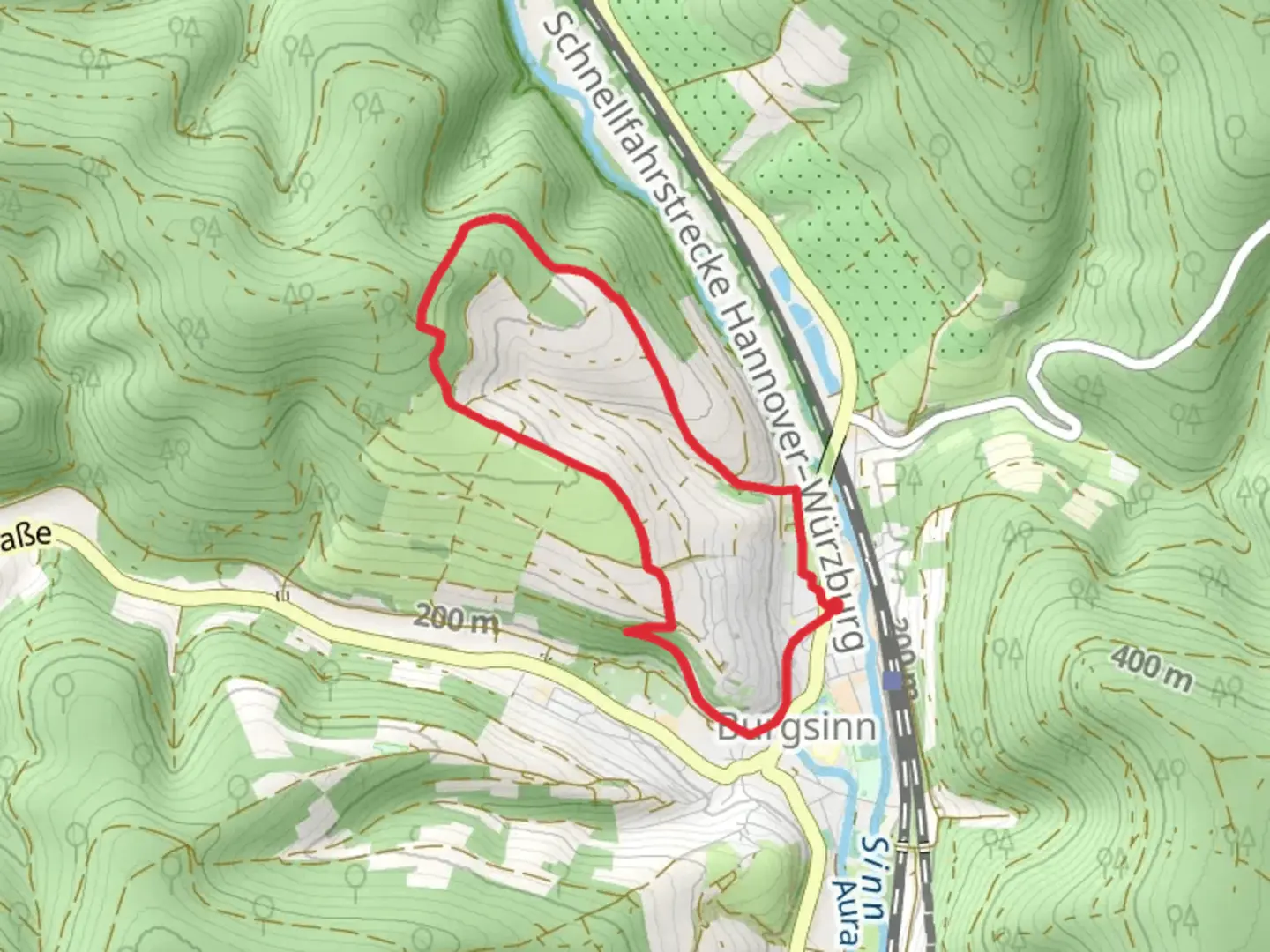 An image depicting the trail Burgsinn Loop and its surrounding area.