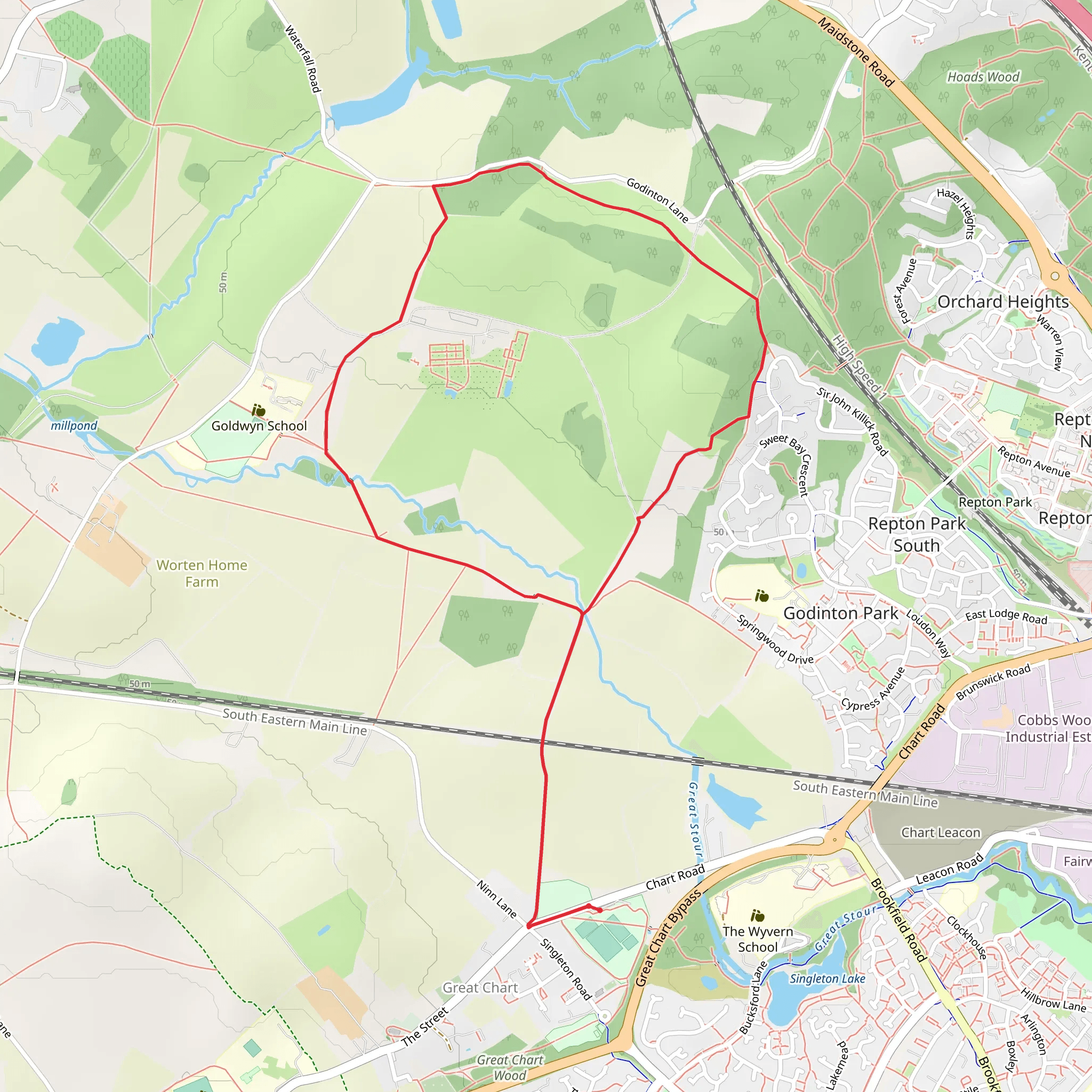 Greensand Way, Godingtn Park Walk and Stour Valley Walk mobile static map