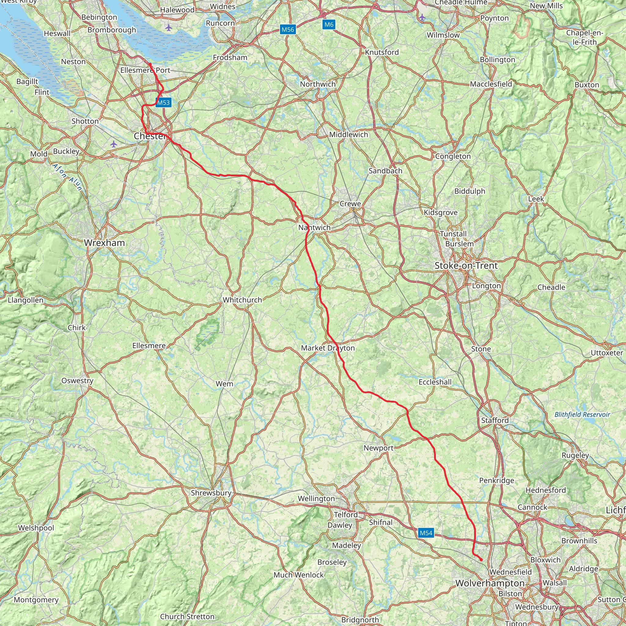 Autherley Junction to Ellesmere Port along Shropshire Union Canal mobile static map