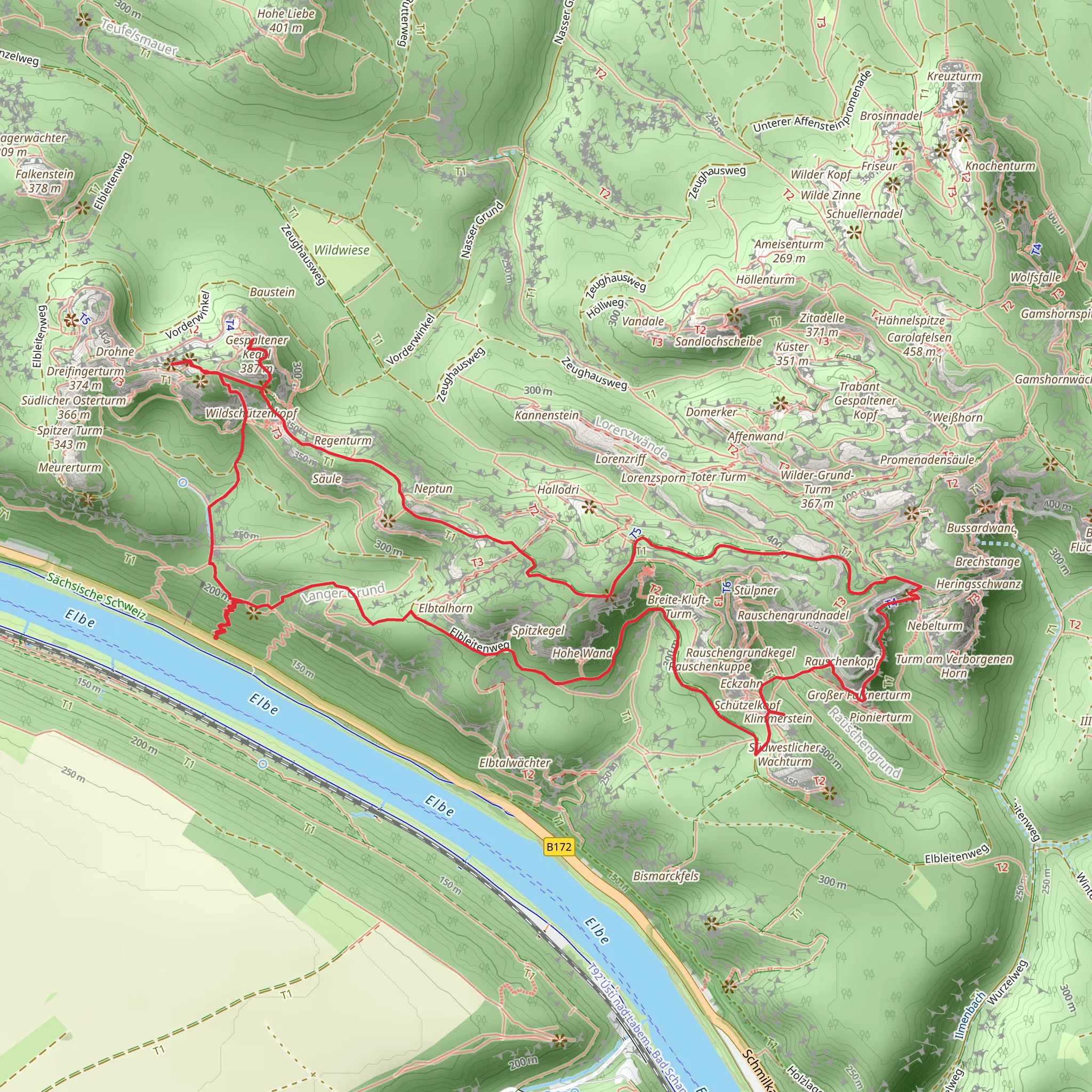 Schrammsteine, Hinterer Torsteinkegel and Kleiner Falknerturm Loop via Malerweg mobile static map