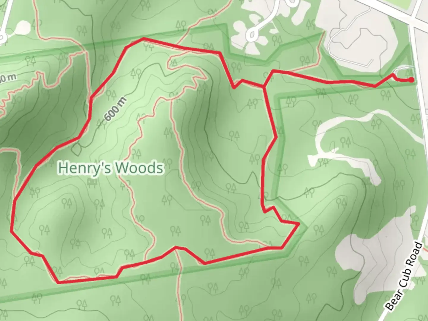 An image depicting the trail Henry's Woods Loop Trail and its surrounding area.