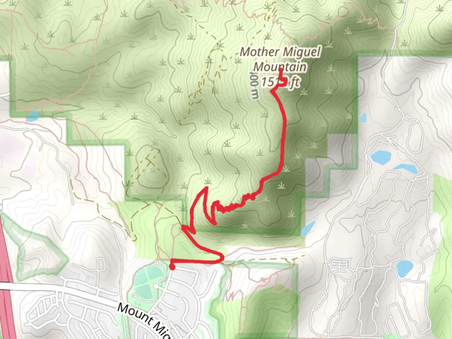 An image depicting the trail Mother Miguel Mountain via Rock House Trail and its surrounding area.