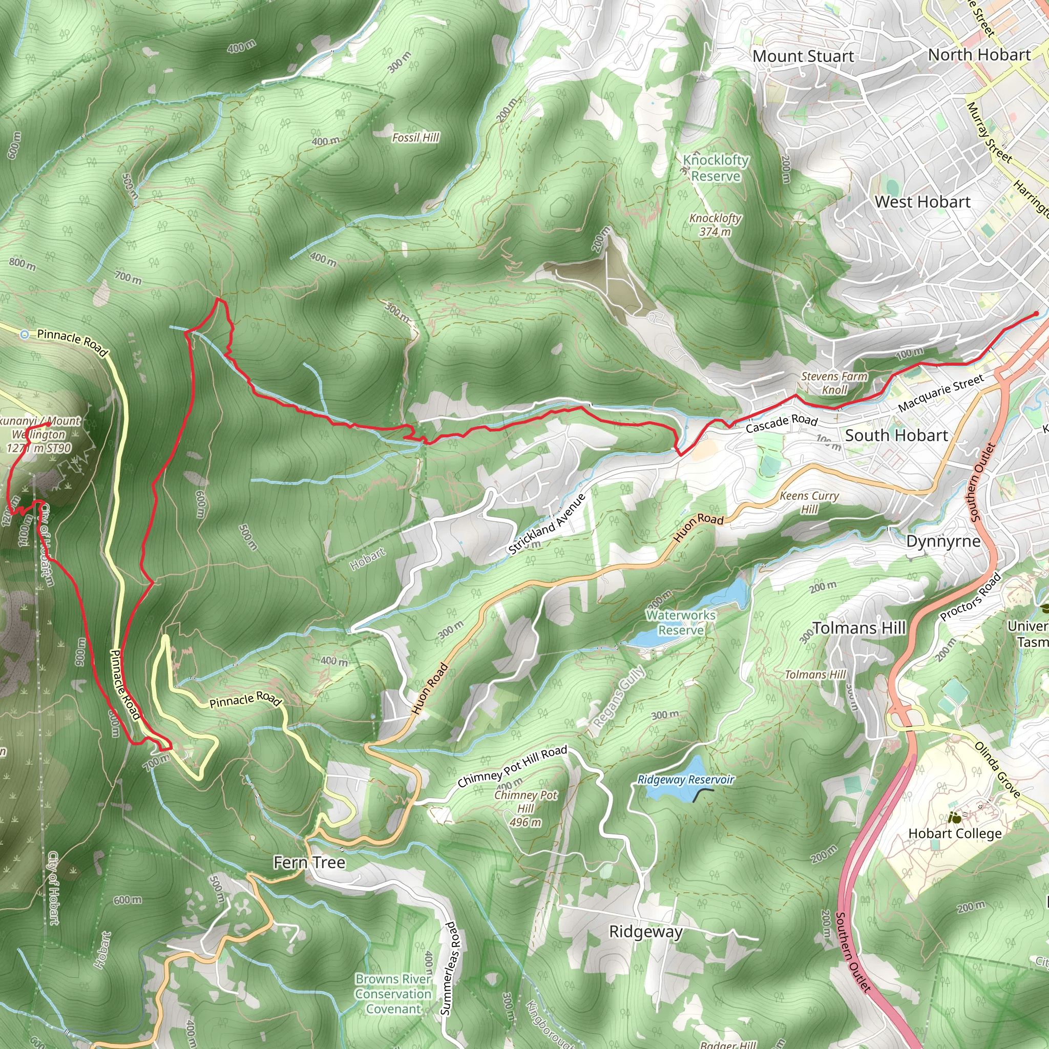 Hobart to the Pinnacle Track mobile static map