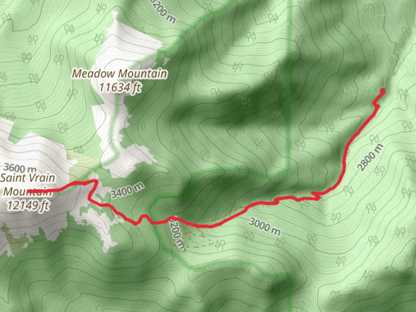 An image depicting the trail Saint Vrain Mountain via Rock Creek Road and its surrounding area.