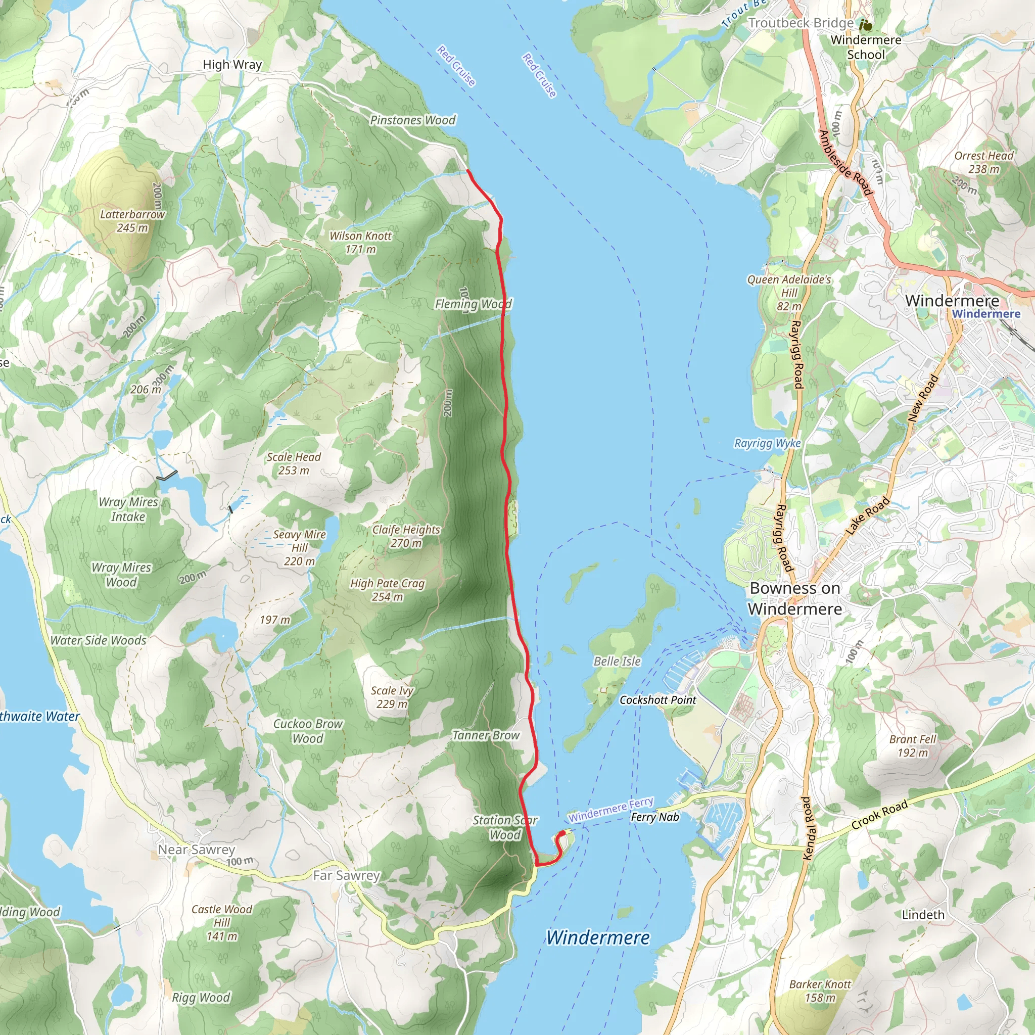 Ferry House to Red Nab Walk via Windermere West Shore mobile static map