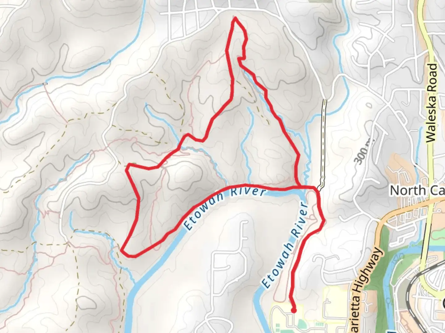 An image depicting the trail Loop along Etowah River and its surrounding area.