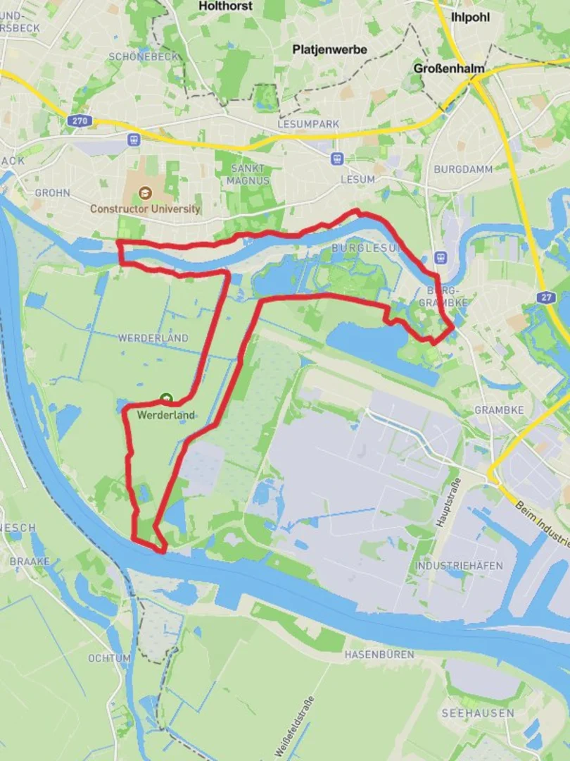 An image depicting the trail Lesum, Werderland and Dunger See Loop and its surrounding area.