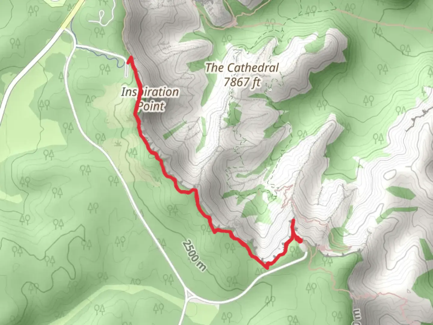 An image depicting the trail Rim Trail from Inspiration Point Road and its surrounding area.