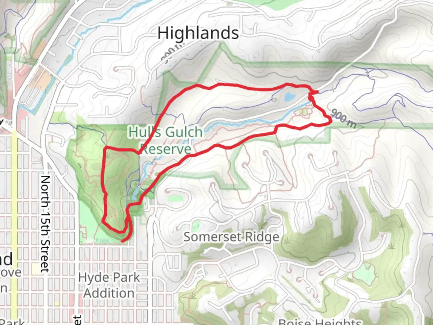 An image depicting the trail Owls Roost, Hulls Gulch and Red Fox Loop and its surrounding area.