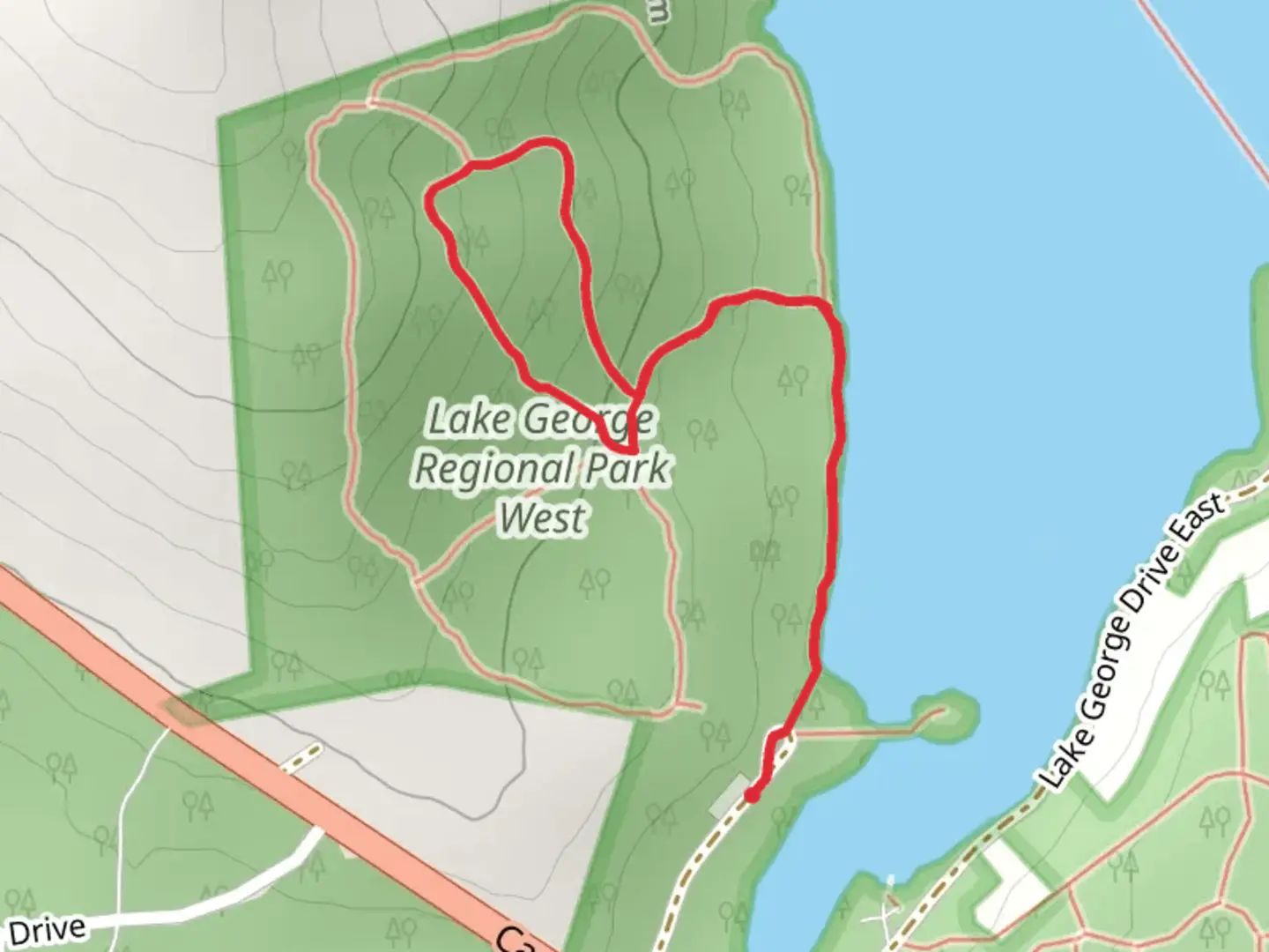An image depicting the trail Shay's Loop from West Lake George Park Lane and its surrounding area.