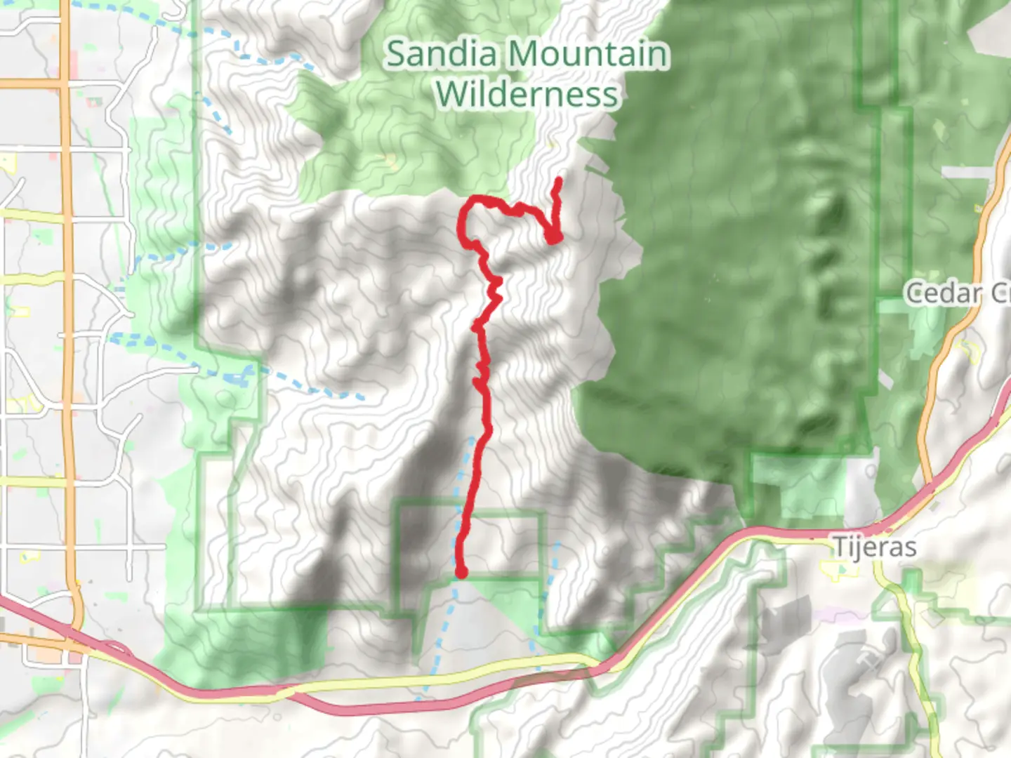 An image depicting the trail South Sandia Peak via Three Gun Spring Trail and its surrounding area.