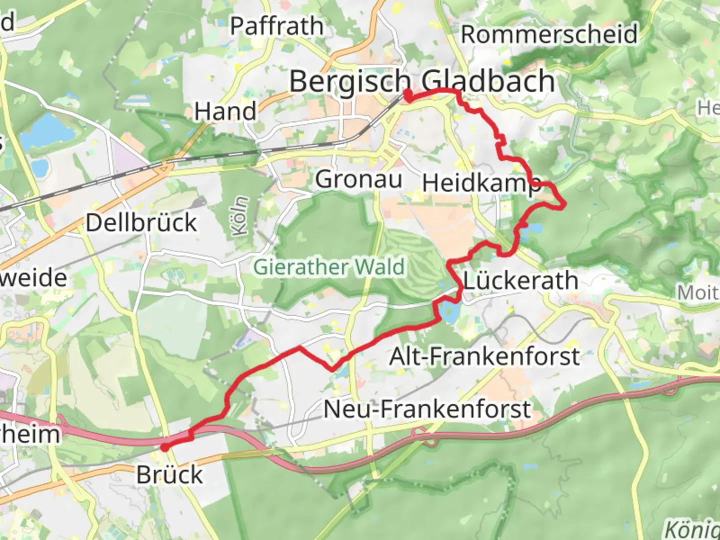 An image depicting the trail Brück Mauspfad to Bergisch Gladbach via Bensberger See and Koelnpfad and its surrounding area.