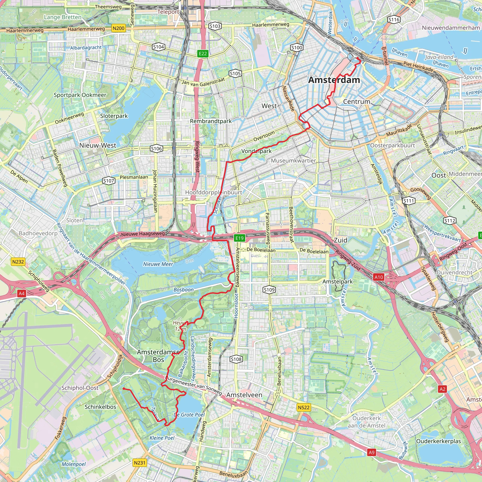 Radarterrein to Centraal Station via Amsterdamse Bos mobile static map
