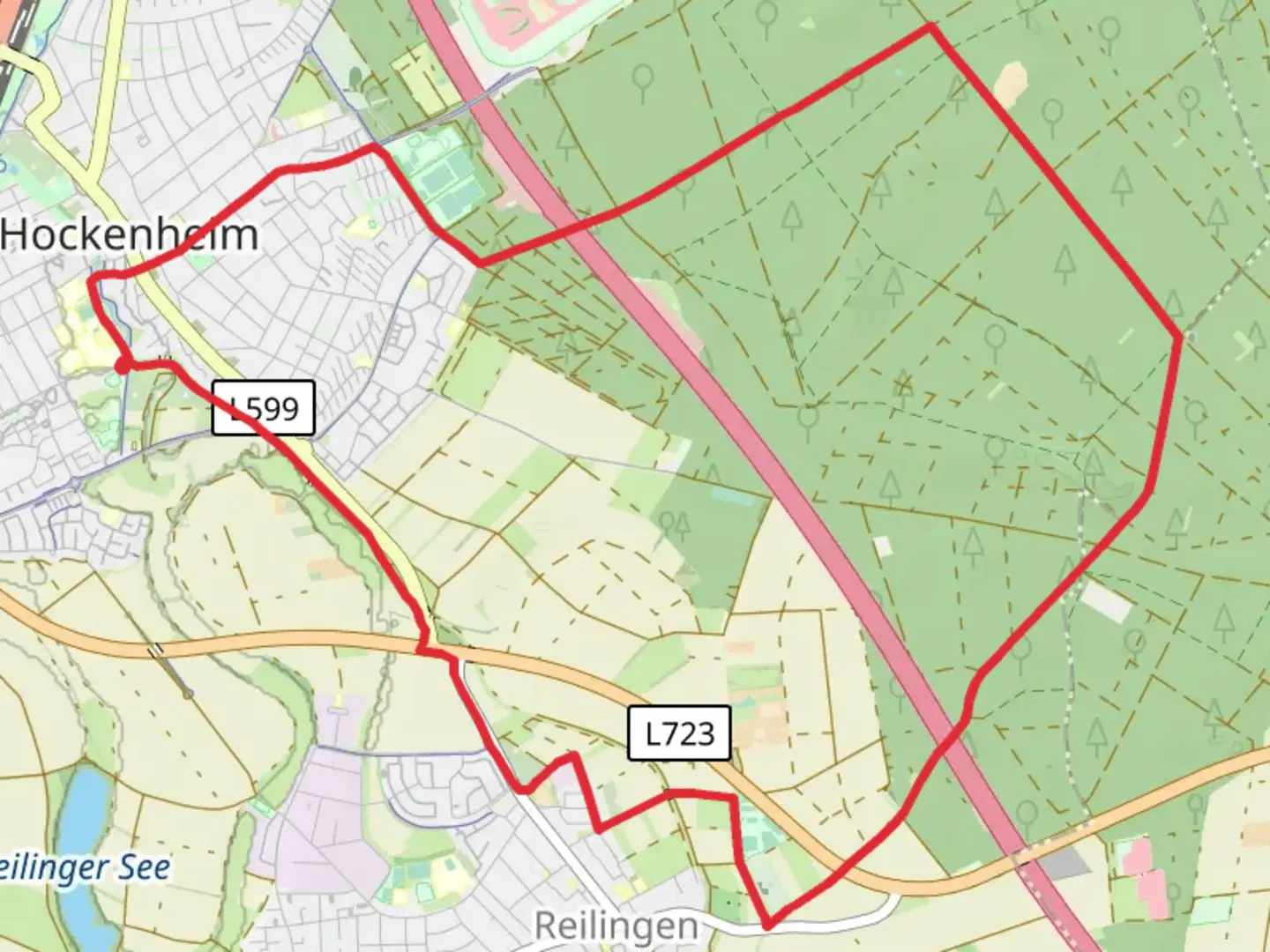 An image depicting the trail Hockenheim Loop via Ketscher Weg and Reilinger Eck and its surrounding area.