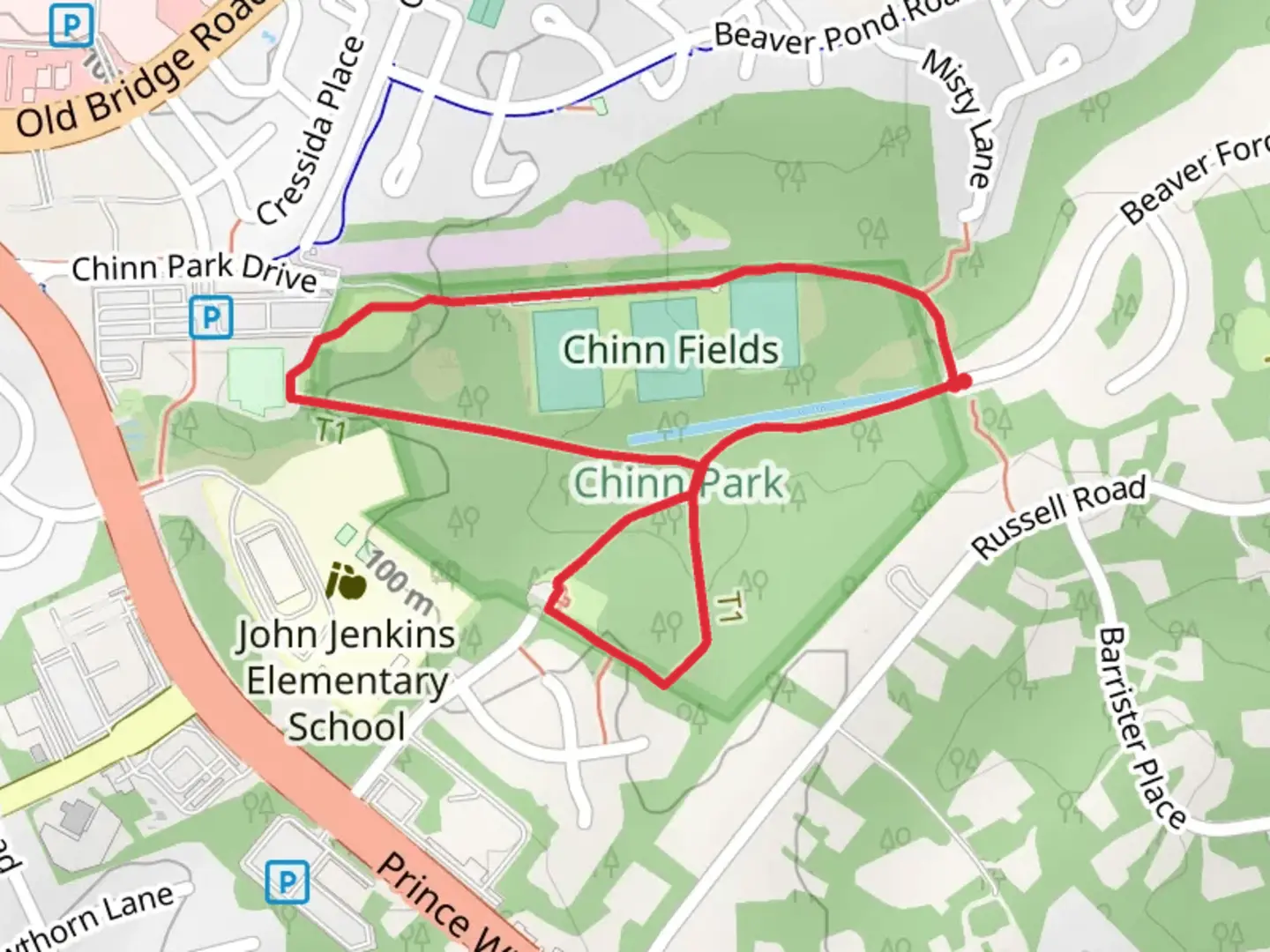 An image depicting the trail Old Bridge Estates Trail and Chinn Park Loop Trail and its surrounding area.