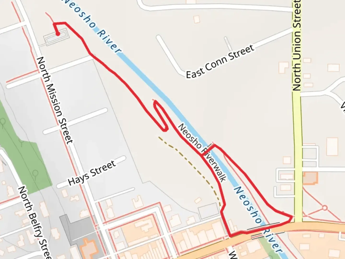 An image depicting the trail Neosho Riverwalk Loop and its surrounding area.