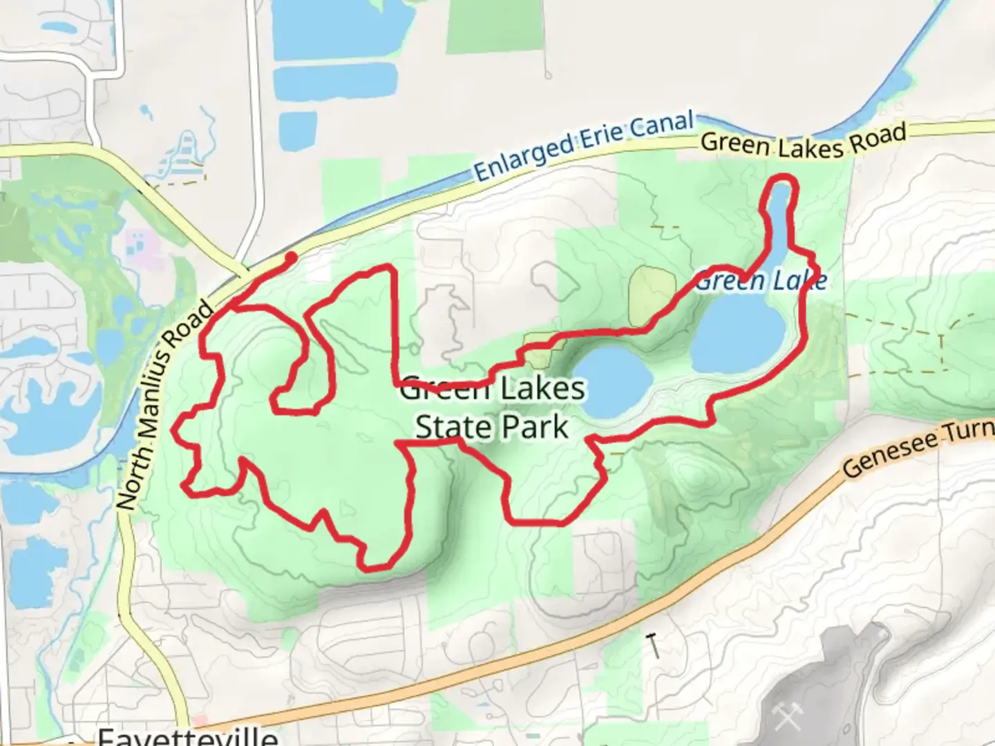 An image depicting the trail Round and Green Lake Loop Trail via Deer Run Trail and its surrounding area.