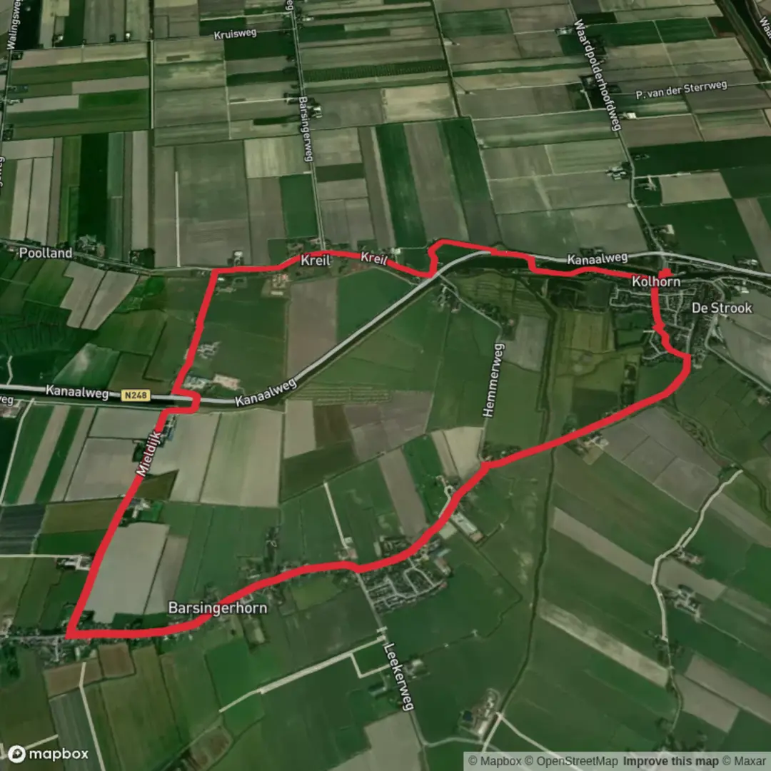 An image depicting the trail Bovenkolk and Westergraftvaart of Mient via Kreil and Heeren Weg and its surrounding area.