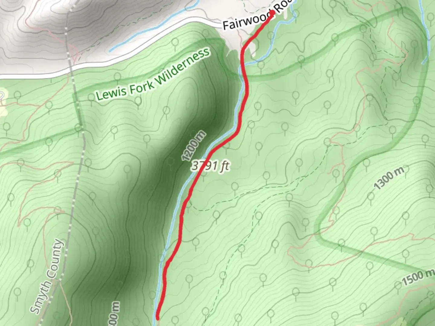 An image depicting the trail Lewis Fork from Fairwood Road and its surrounding area.
