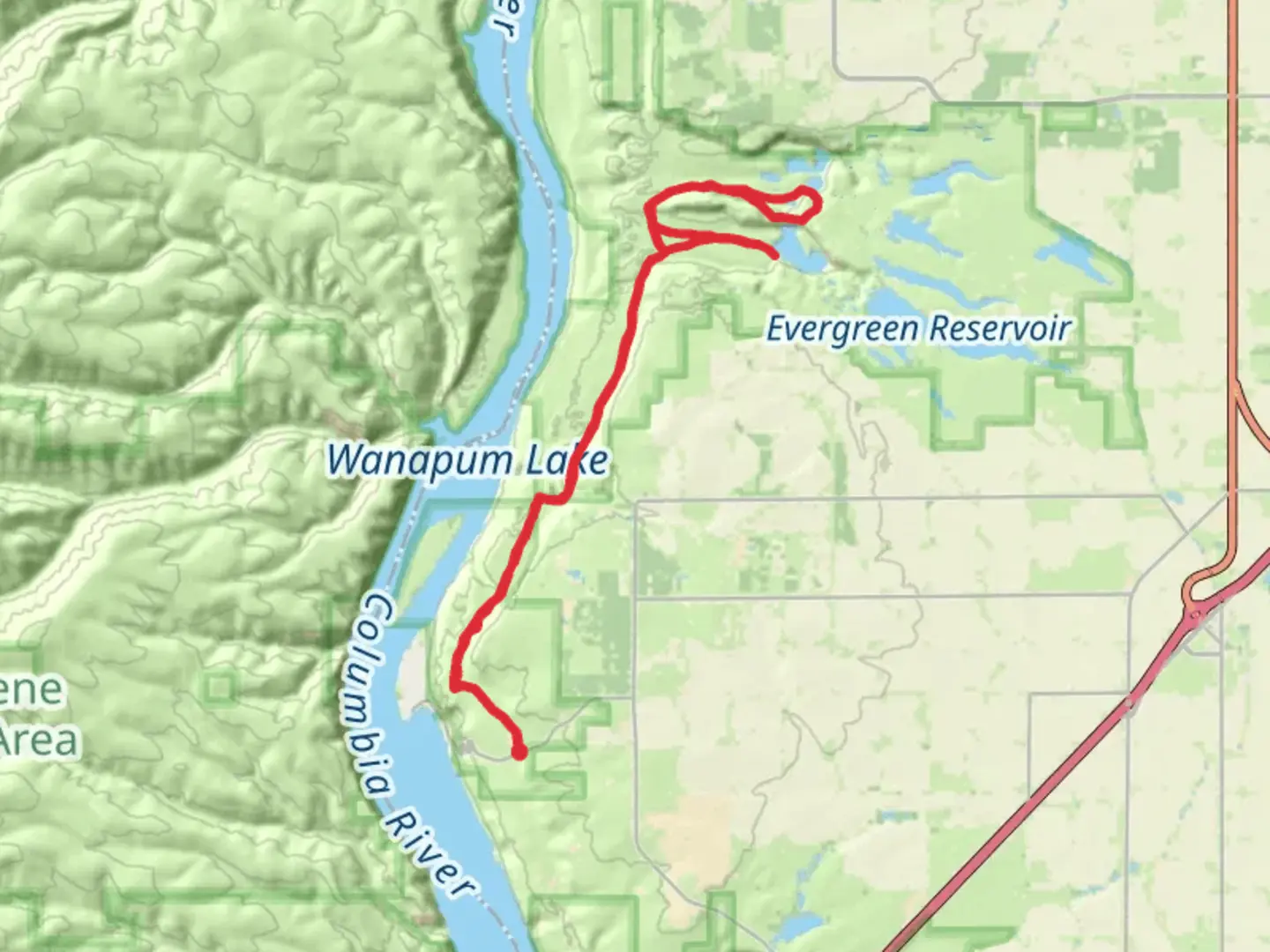An image depicting the trail Dusty Lake Trail and Highmans Bluff and its surrounding area.