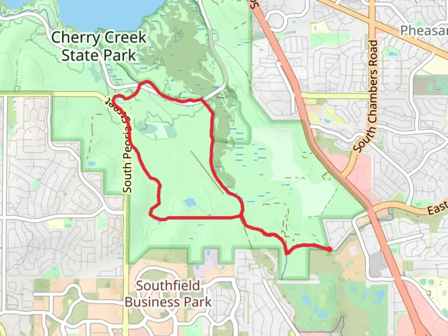 An image depicting the trail Piney Creek, Cottonwood Creek and Cherry Creek Loop Trail and its surrounding area.