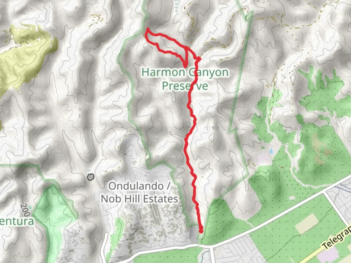 An image depicting the trail Harmon Canyon and west Road Loop and its surrounding area.