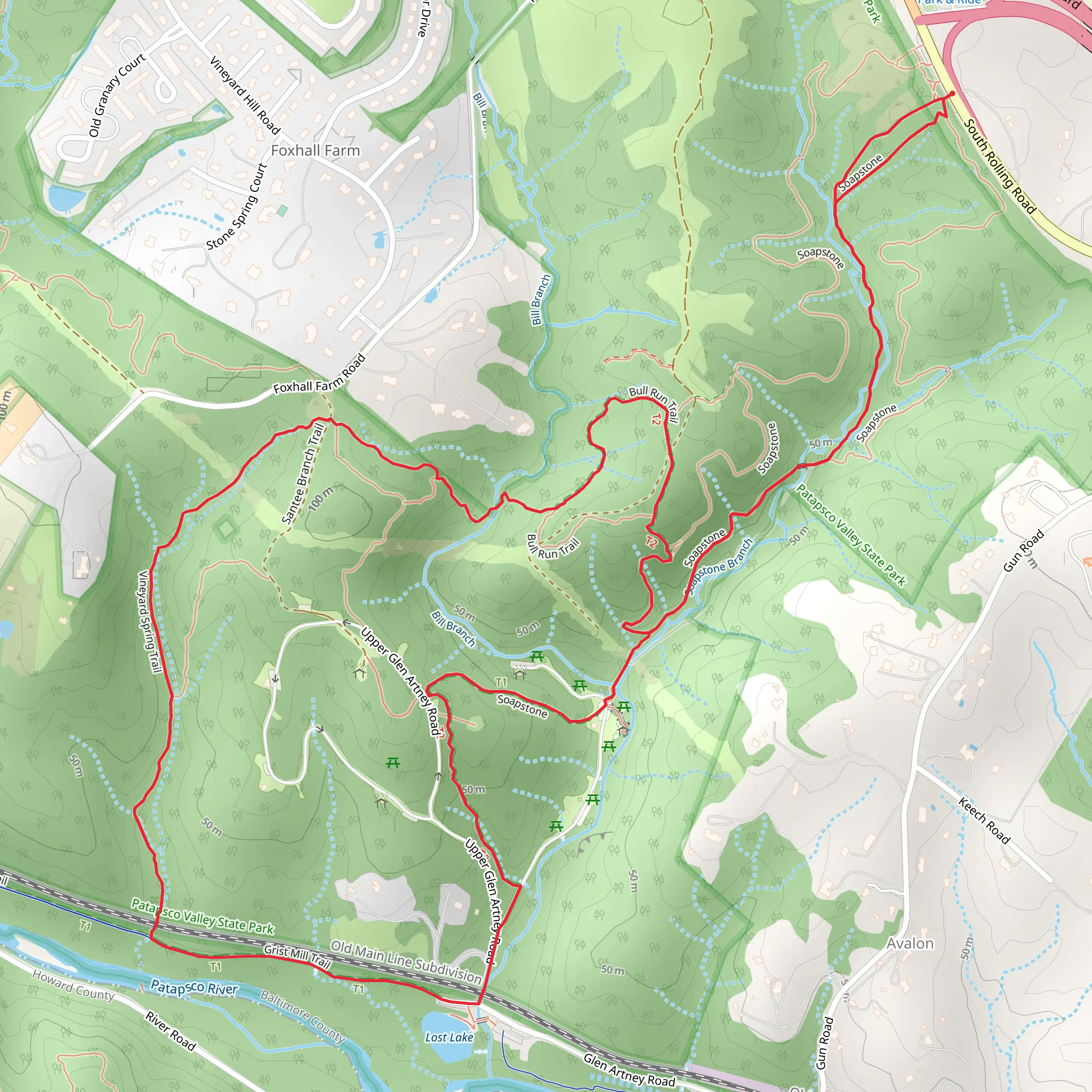 Soapstone, Vineyard Spring and Patapsco Traverse Loop Trail mobile static map
