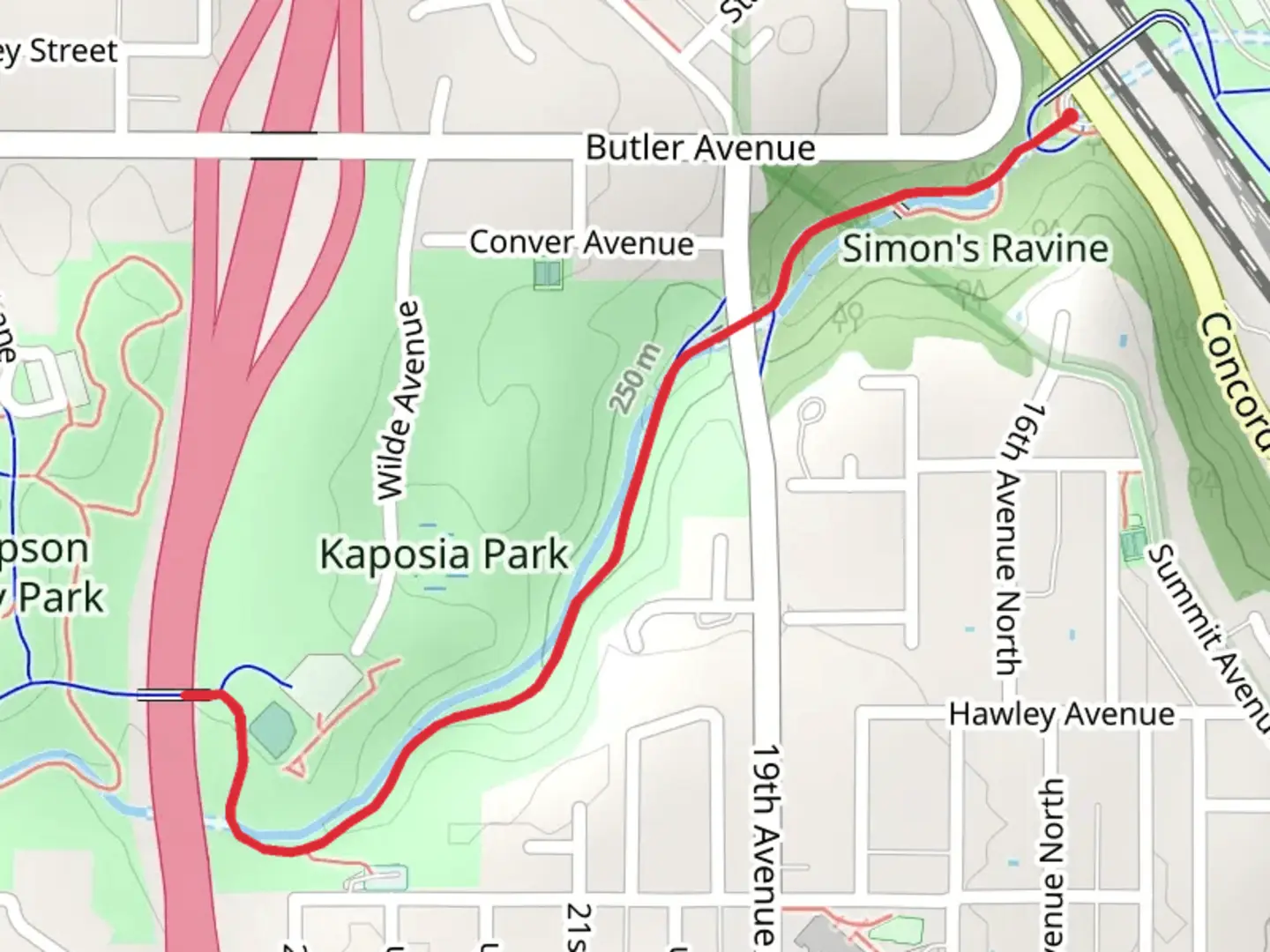 An image depicting the trail River to River Greenway from Simon's Ravine and its surrounding area.