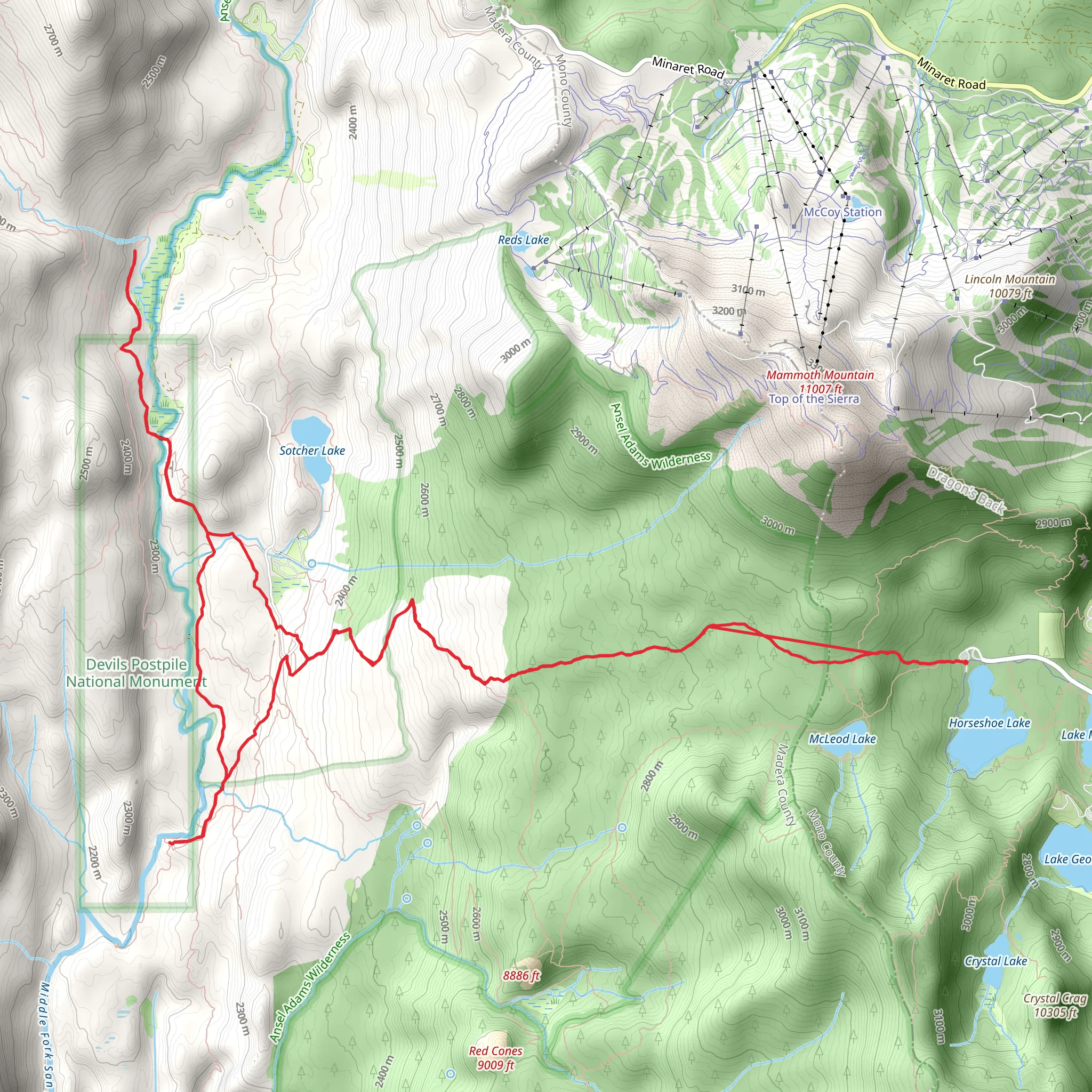 Mammoth Pass, Rainbow Falls and Pacific Crest Loop Trail mobile static map