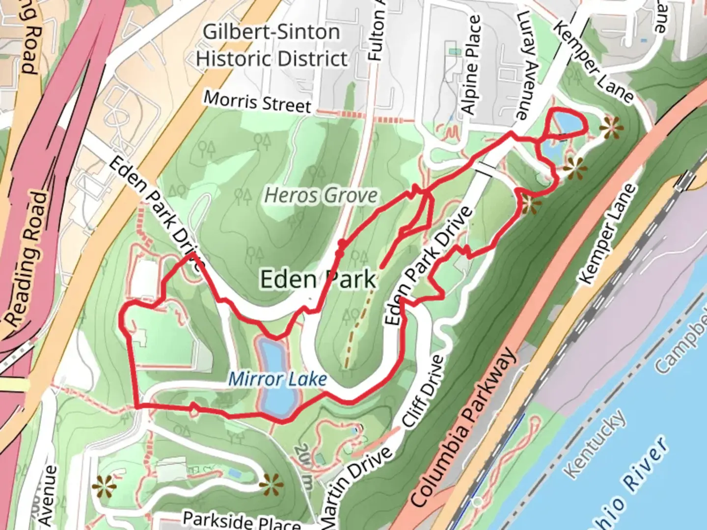 An image depicting the trail Mirror Lake and Eden Park Loop via ADT and its surrounding area.