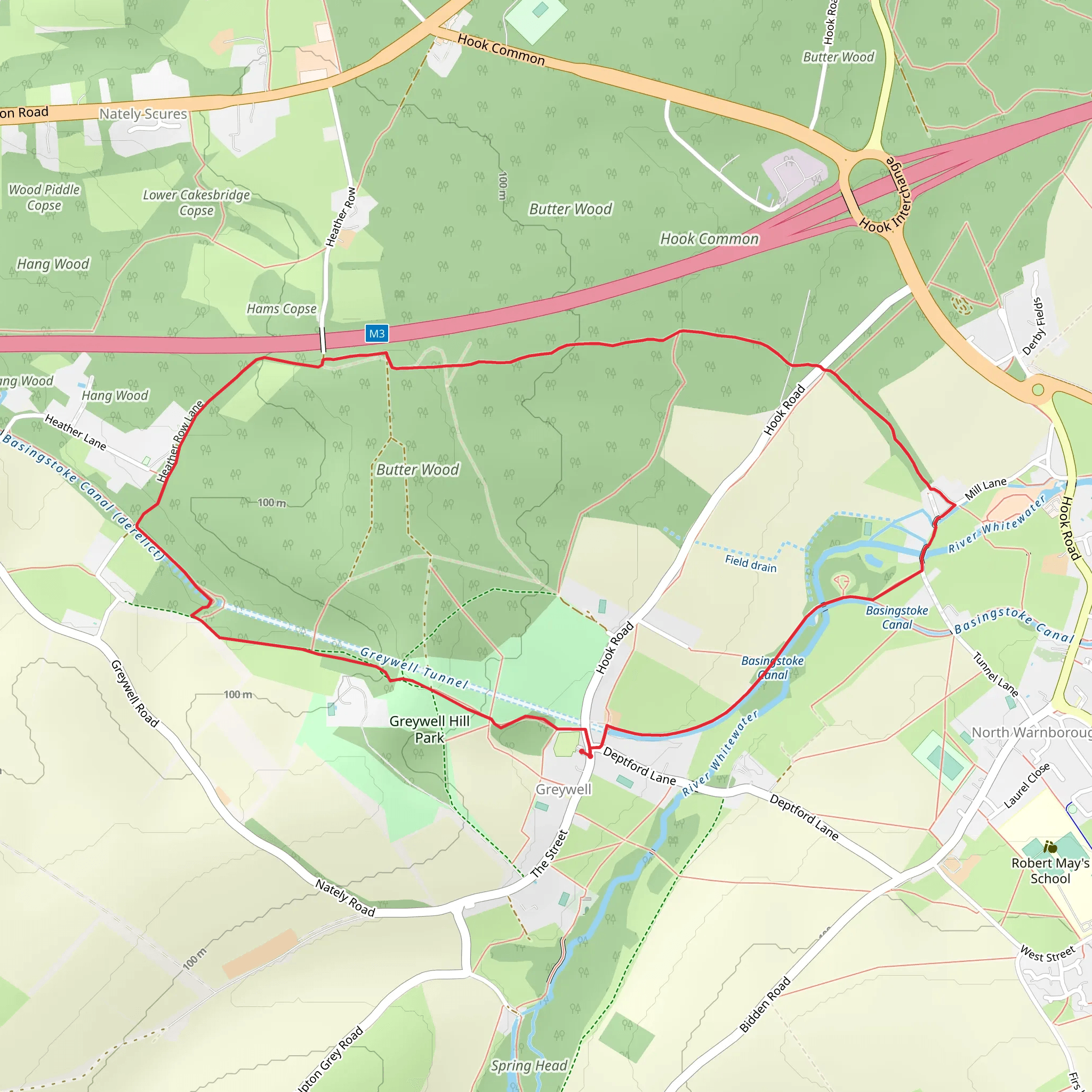 Greywell Hill Park and Butter Wood via Basingstoke Canal Towpath mobile static map