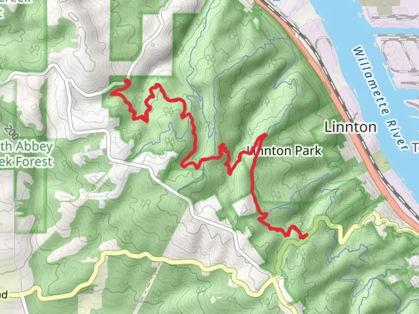 An image depicting the trail Wildwood Trail Out and Back and its surrounding area.
