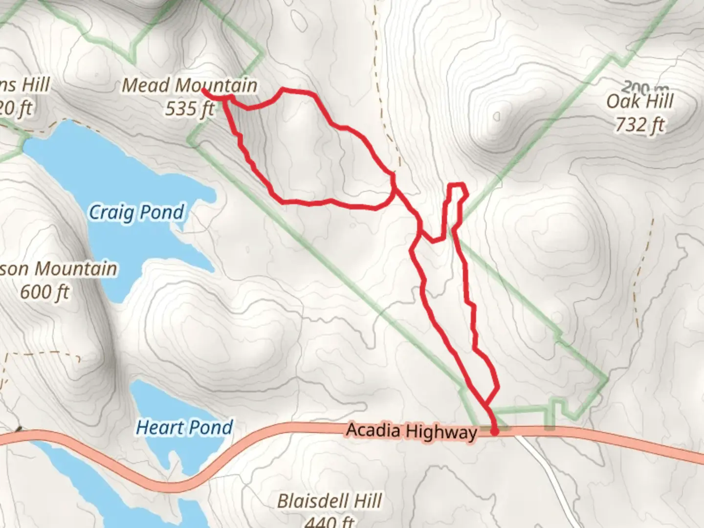 An image depicting the trail Mead Mountain Loop from Acadia Highway and its surrounding area.