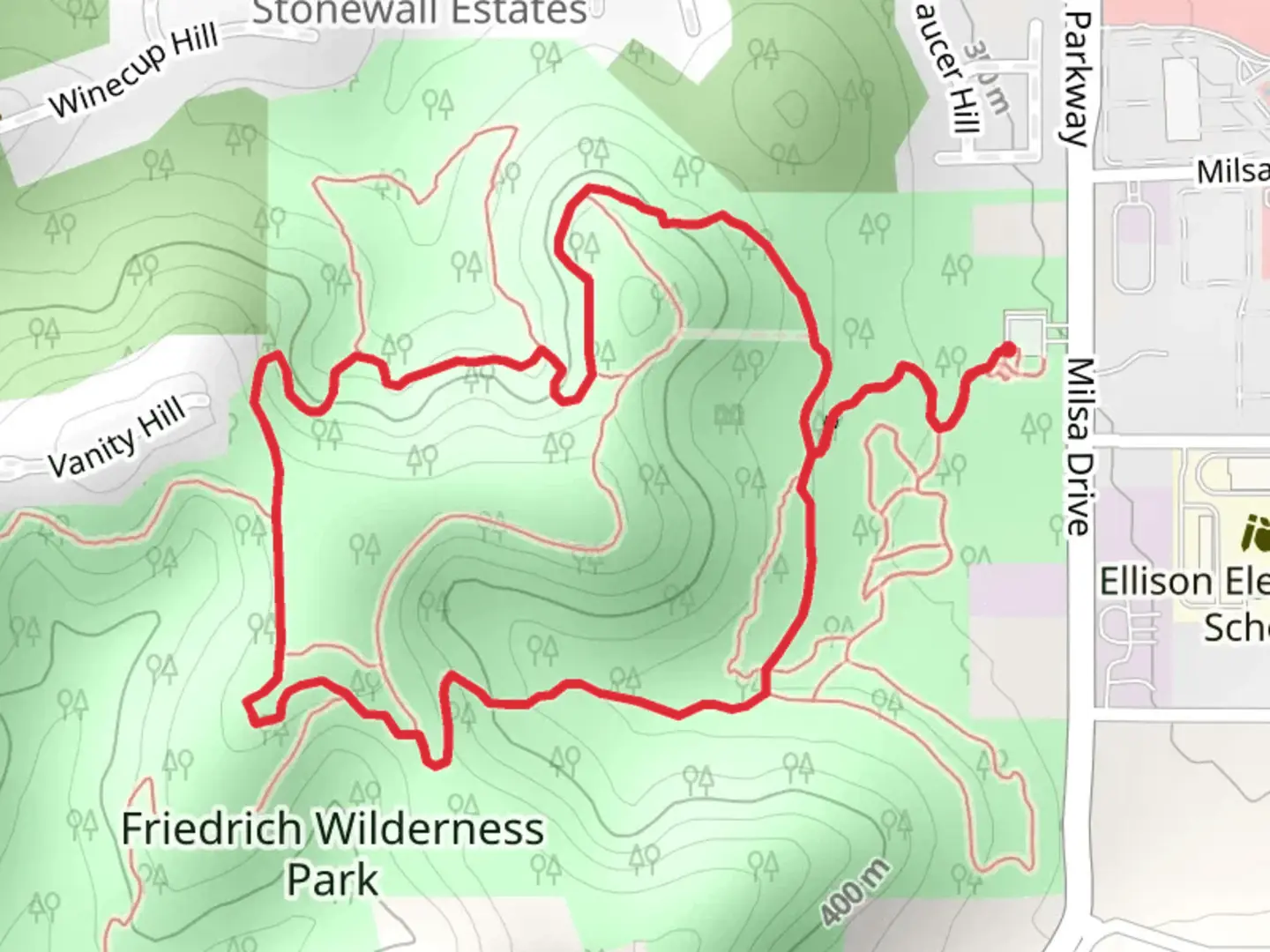 An image depicting the trail Main and Vista Loop - Friedrich Wilderness Park and its surrounding area.