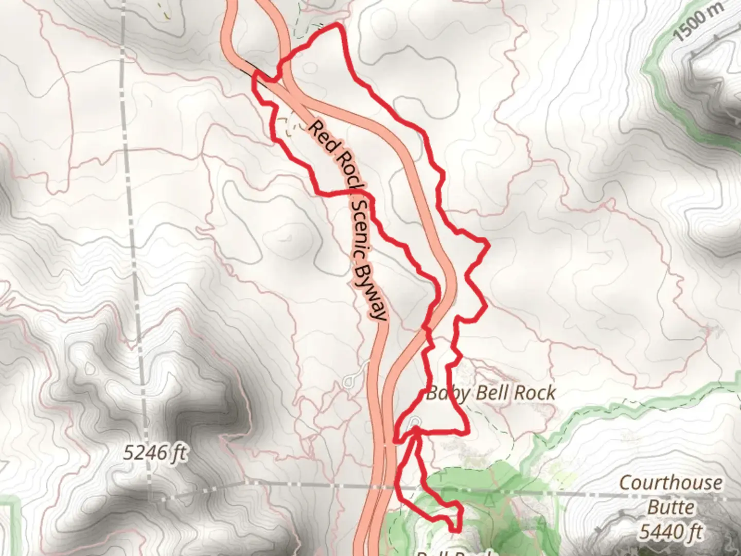 An image depicting the trail Bell Rock, Bell Rock Pathway and Easy Breezy Loop Trail and its surrounding area.
