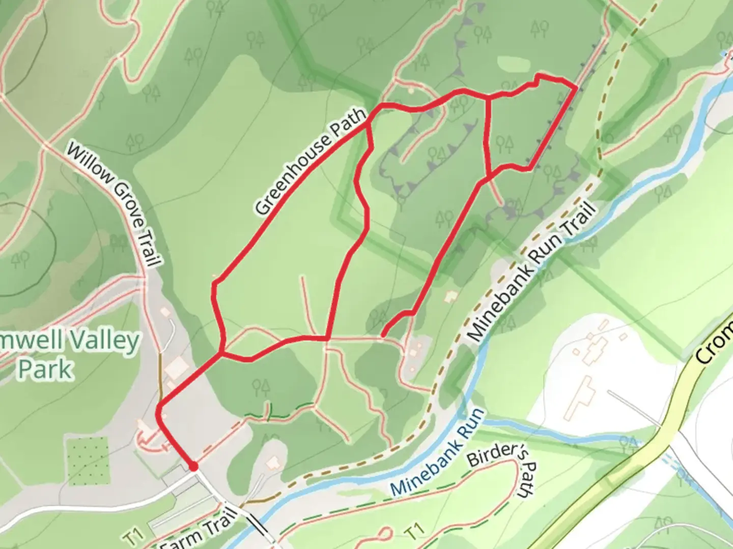 An image depicting the trail Greenhouse Path, Balancing Reservoir Dam and Lime Kiln Loop Trail and its surrounding area.