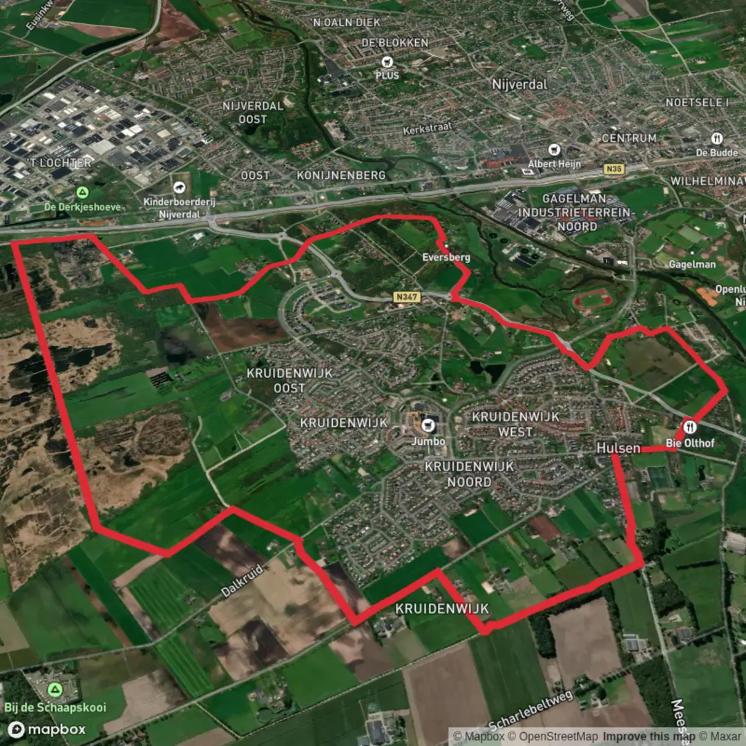 An image depicting the trail Jonkerkampbos and Nijverdal Loop and its surrounding area.