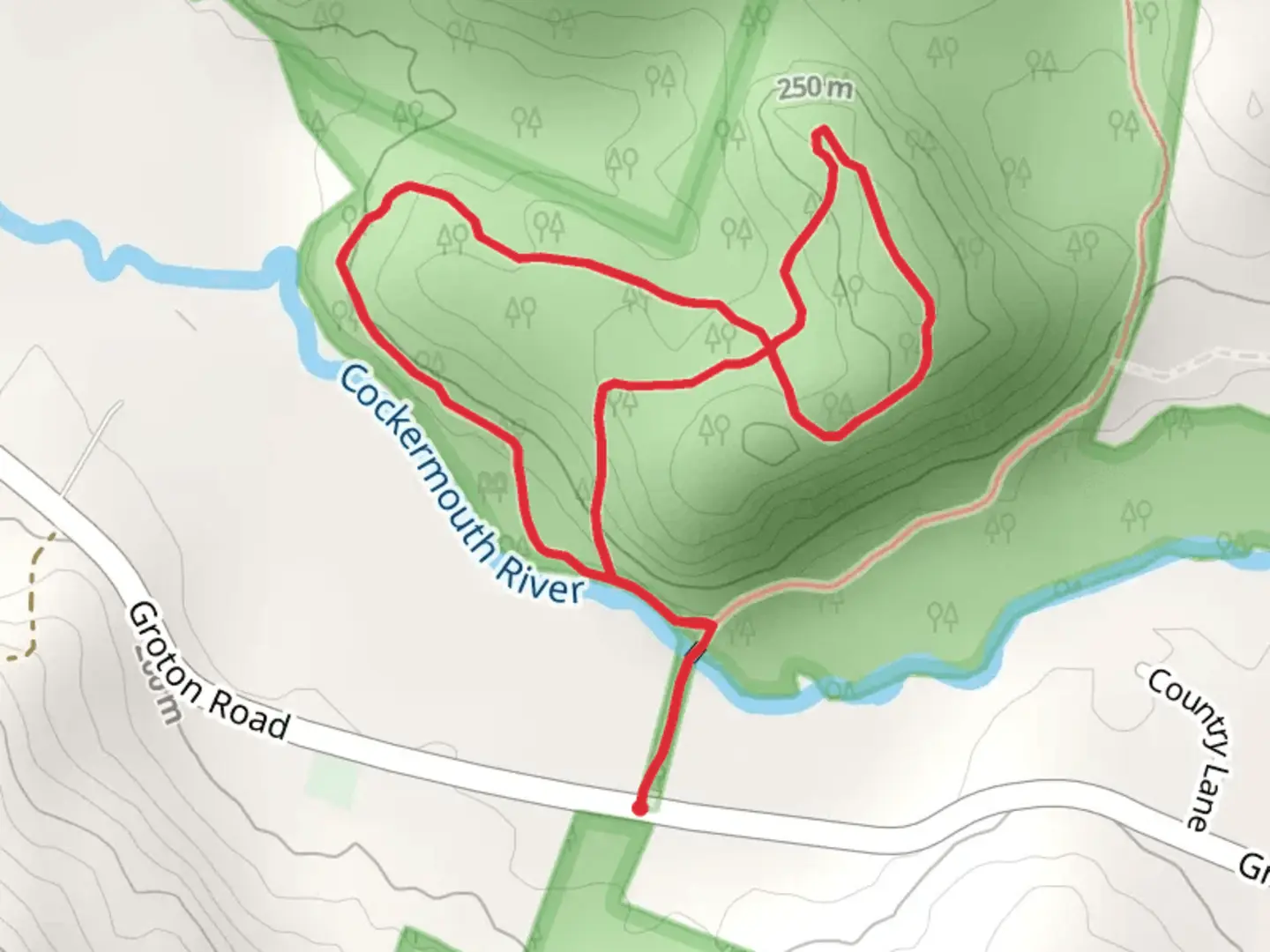 An image depicting the trail Cockermouth River North Loop from Groton Road and its surrounding area.