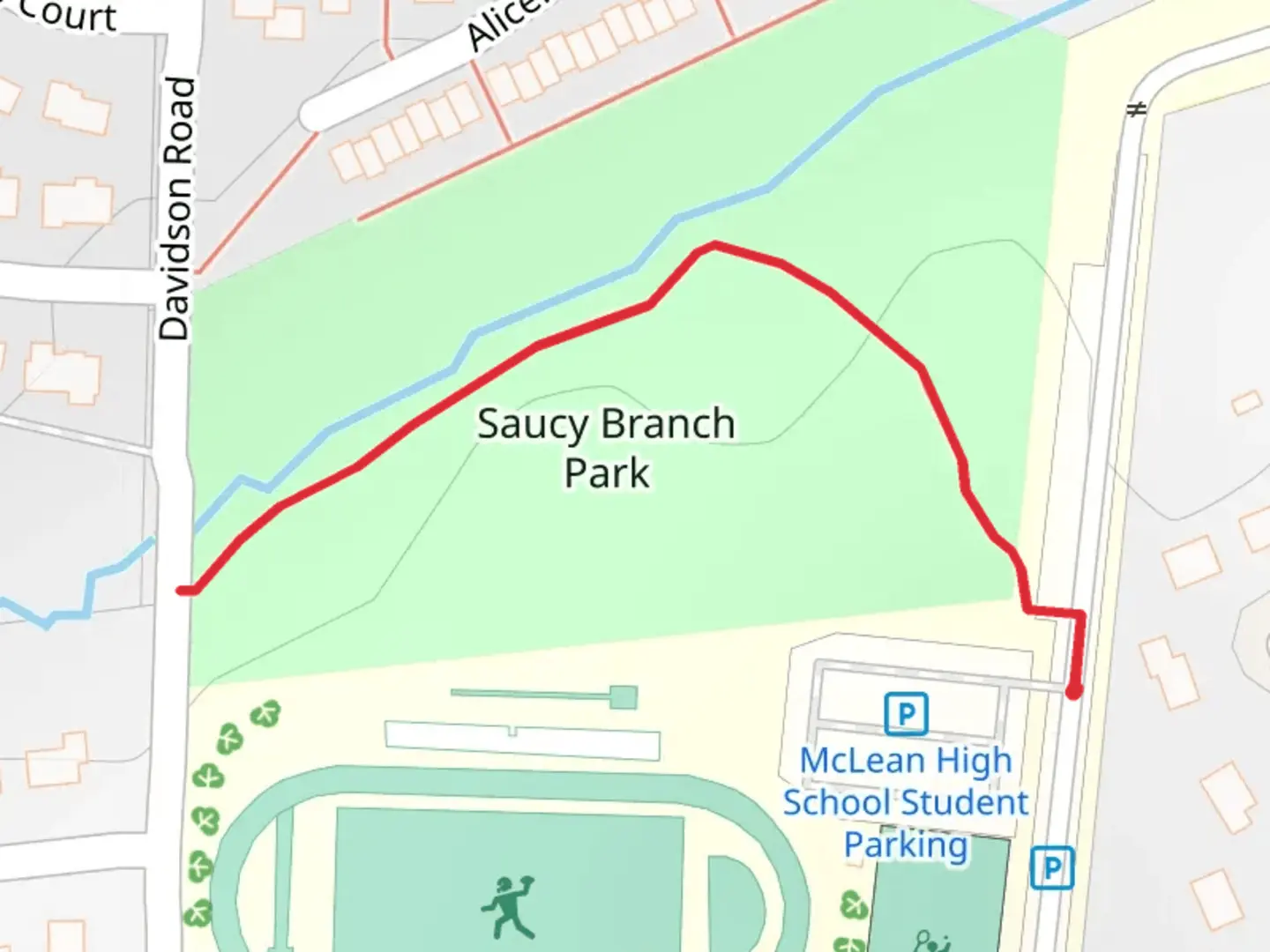 An image depicting the trail Saucy Branch Park and its surrounding area.